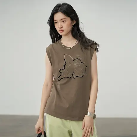 omont蛋挞家刺绣镂空无袖T恤女夏新款季上衣复古圆领宽松休闲背心图片