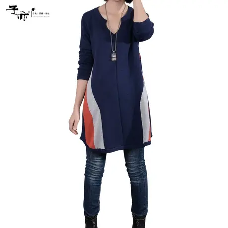 子亦 春装新款韩版大码女装时尚V领套头长袖休闲拼色毛衣裙商品大图