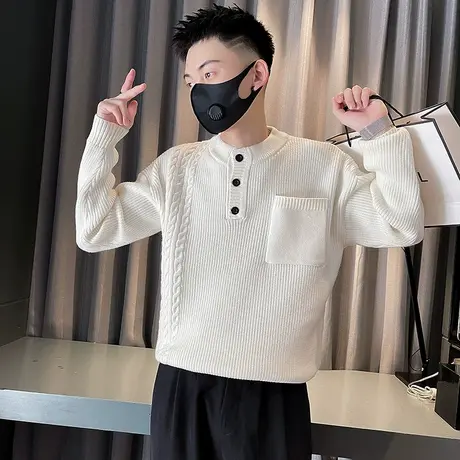 设计感套头毛衣秋冬爆款重磅纯色提花慵懒风ins潮牌针织线衣上衣商品大图