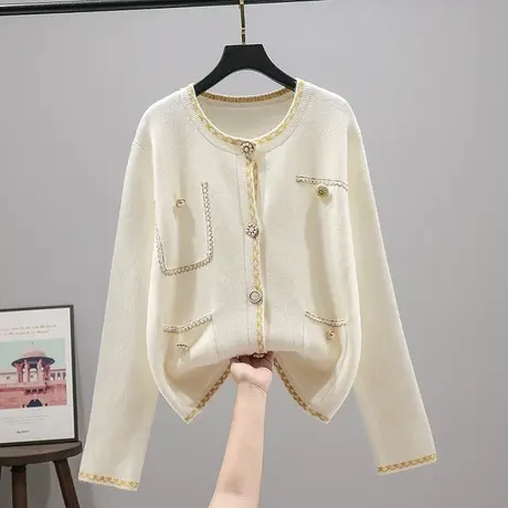 开衫女2023春秋新款韩版宽松圆领纽扣小香风针织衫外套女百搭毛衣商品大图