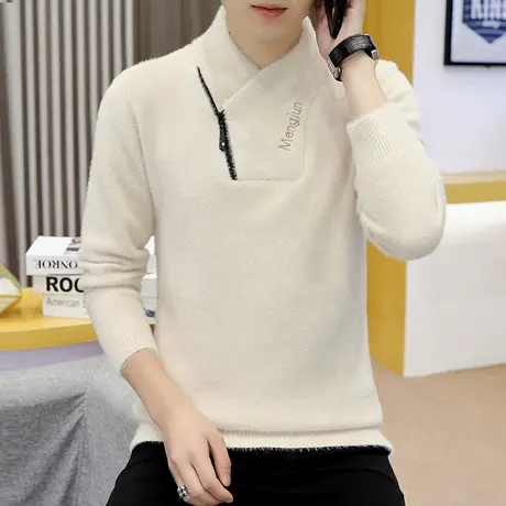 半高领水貂绒毛衣男士秋冬季加绒加厚针织打底衫个性潮流保暖上衣商品大图
