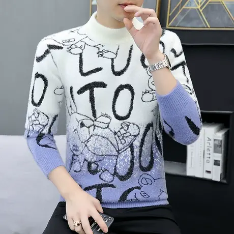 冬季半高领毛衣男水貂毛加厚保暖针织衫秋冬时尚潮流加绒毛线衣商品大图