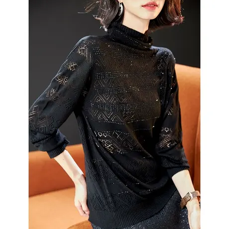 宝诗黎高领烫钻镂空针织衫2024春季新款长袖显瘦T恤女时尚打底衫商品大图