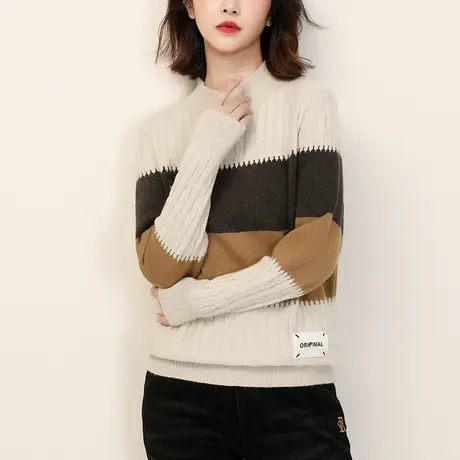 韩潮袭人复古半高领条纹套头毛衣女冬季新款外穿打底针织衫厚图片