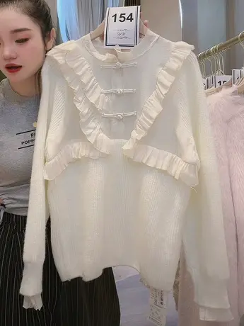 2023春装新款女装气质木耳边国潮风盘扣纯色针织长袖套头上衣打底商品大图