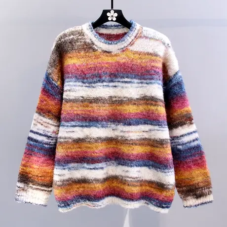 日系彩虹拼色条纹毛衣女秋冬2023新款宽松慵懒风加厚减龄针织上衣图片