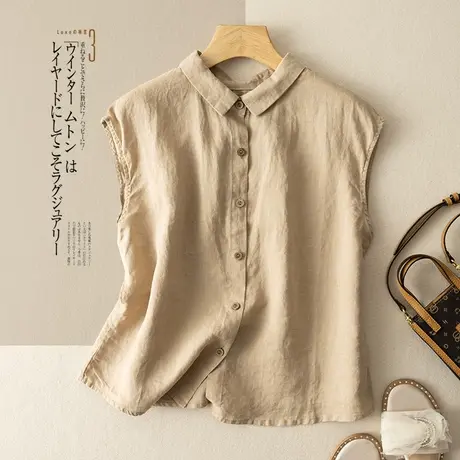 享永子无袖亚麻衬衫女文艺复古纯色百搭棉麻上衣设计感2024新款夏商品大图