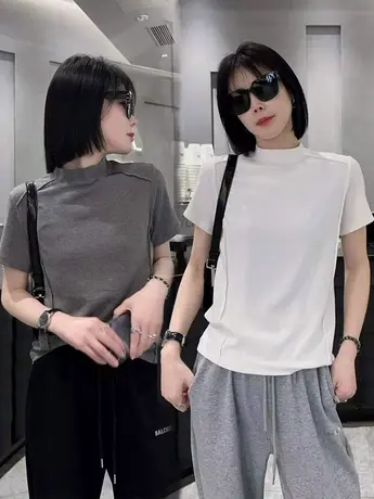 时尚洋气女士t恤上衣半高领2023春夏新款显瘦百搭纯色拼接短袖T恤商品大图