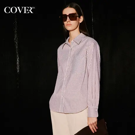 COVER冬季落肩立裁弹力色织条纹衬衫商品大图