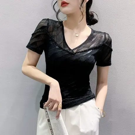 2024夏季新款性感V领钉珠T恤女时尚网纱拼接上衣气质修身百搭小衫图片