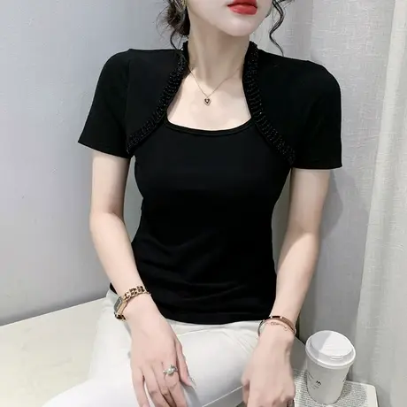 2024夏装新款气质钉珠T恤女短袖设计感小众方领上衣纯色修身小衫图片
