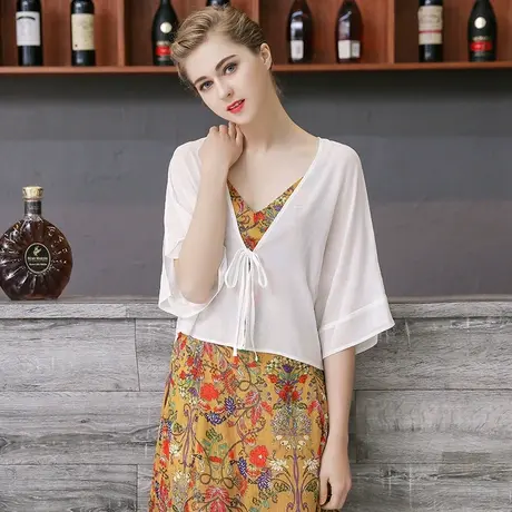 系带雪纺宽松蝙蝠衫小披肩女夏薄短外套2024新款裙子外搭开衫短款商品大图