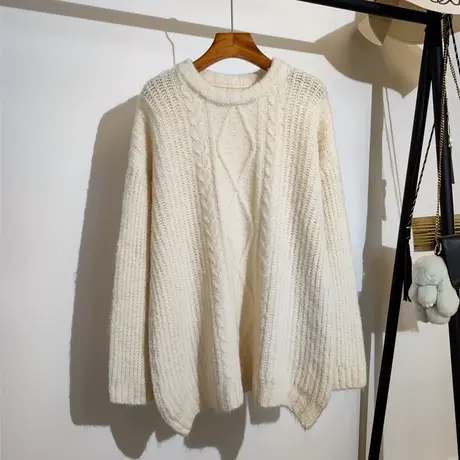 中长款毛衣女秋冬2023新款宽松圆领慵懒风休闲麻花针织衫上衣外穿图片