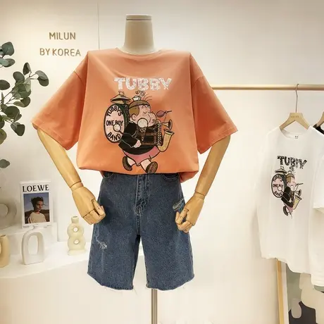 ins港味休闲清爽短袖韩国东大门夏款卡通印花棉质T恤宽松显瘦洋气图片