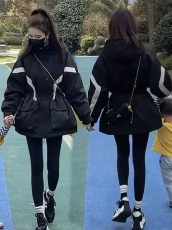 黑色连帽棉服冲锋衣女装秋冬2023新款收腰显瘦中长款加棉风衣外套商品大图