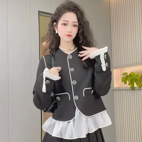 小香风早春气质圆领高级感西装外套2023新款小个子短款荷叶边上衣商品大图