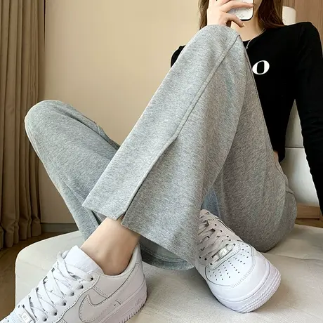 开叉灰色运动裤女春秋2024年新款高腰直筒宽松显瘦百搭休闲拖地裤图片