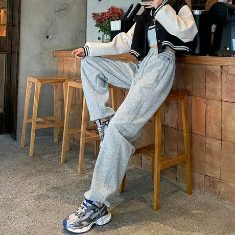 灰色运动裤女春秋2023新款小个子高腰垂感直筒阔腿裤宽松休闲卫裤图片