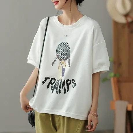 dza文艺纯棉短袖T恤女2023夏季薄款白色圆领体恤气质漂亮打底上衣商品大图