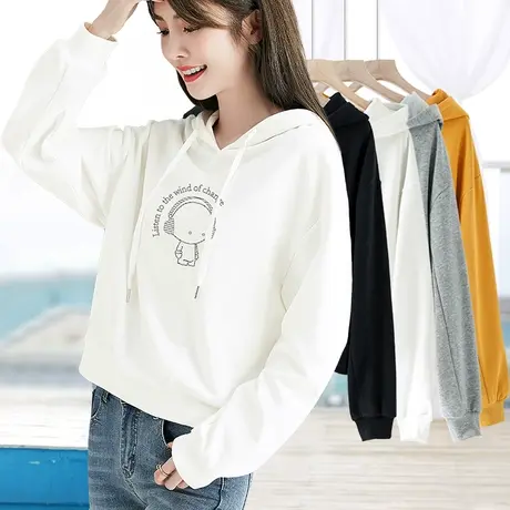 春秋连帽卫衣女新款印花长袖套头宽松百搭减龄短款打底衫休闲上衣图片