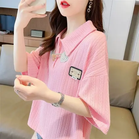 翻领polo衫短袖t恤女夏季韩版宽松大码小众设计感小个子半袖上衣商品大图