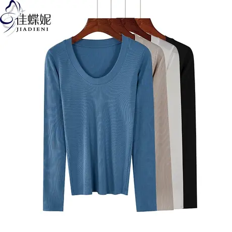 秋季新款韩版圆领纯棉修身显瘦螺纹纯色长袖体恤上衣内搭打底衫女商品大图