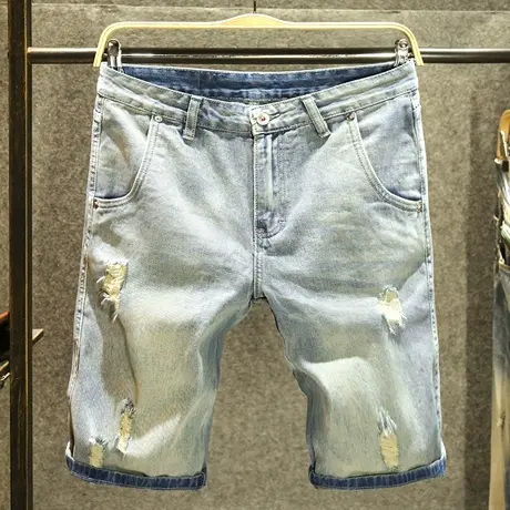 夏天破洞牛仔短裤男款中裤宽松直筒五分裤复古浅蓝色夏季5分马裤商品大图