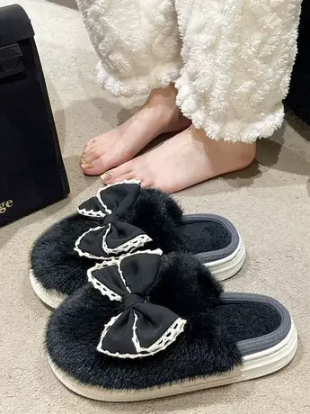 毛毛拖鞋女外穿风2023秋冬新款厚底蝴蝶结仙女时尚棉拖鞋子毛茸茸商品大图