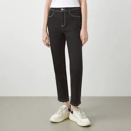 LANCY/朗姿冬季新款高腰黑色牛仔裤女高级显瘦通勤女士裤子奥莱图片
