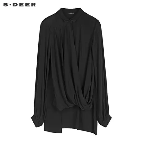 sdeer 圣迪奥垂坠感休闲翻领创意褶皱不规则摆长袖衬衫S19180520图片