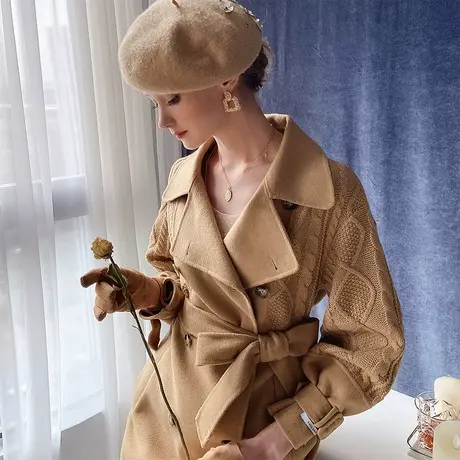 【直播】粉红大布娃娃时尚针织拼接双面呢大衣图片