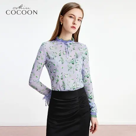 missCOCOON印花上衣2023春新款女时尚法式花边喇叭长袖打底衫衬衫商品大图