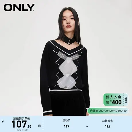 ONLY奥莱秋季时尚显瘦宽松学院风V领格纹撞色长袖针织商品大图