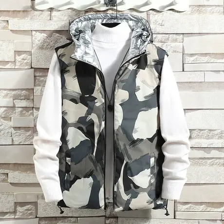 双面穿迷彩马甲男外套冬季韩版潮流羽绒棉服加厚坎肩连帽马夹亮面商品大图