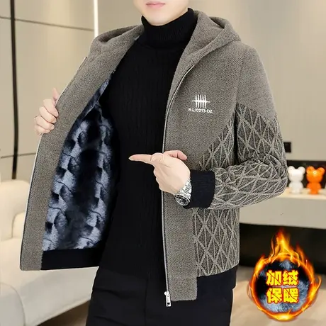 高级感品质金貂绒加绒加厚夹克男款冬季痞帅拼接连帽保暖风衣外套商品大图