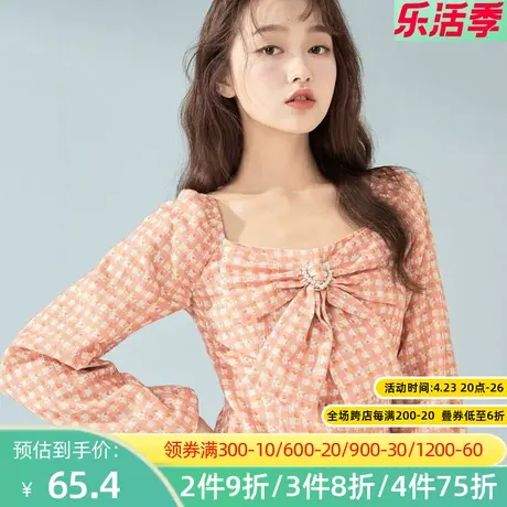 秋水伊人格子休闲衫2022春季新款修身显瘦蝴蝶系带收腰衬衫2A450图片