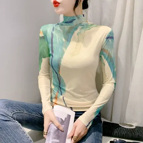 半高领打底衫女长袖2024秋冬新款复古漂亮印花上衣修身网纱T恤ins商品大图