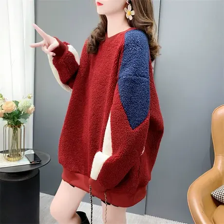 潮牌拼色羊羔毛卫衣外套女秋冬2023新款宽松洋气减龄加绒加厚上衣图片