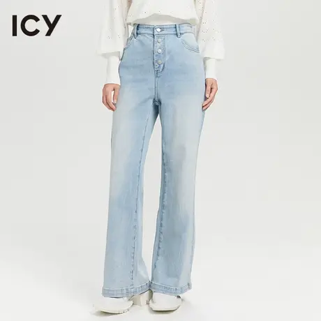 icy2023春季新款时髦休闲浅蓝磨白水洗排扣微喇叭牛仔长裤女图片