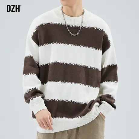 男士圆领毛衣男秋冬2024新款条纹慵懒针织衫外套男款加厚保暖冬装商品大图