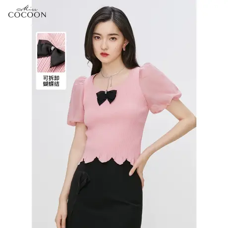 MISSCOCOON蝴蝶结泡泡袖针织衫女2023夏季新款荷叶边短袖t恤上衣商品大图
