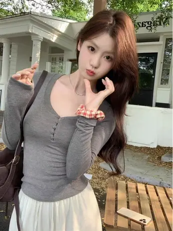 半开领辣妹修身t恤女打底衫春季秋冬加绒美拉德螺纹纽扣长袖上衣商品大图