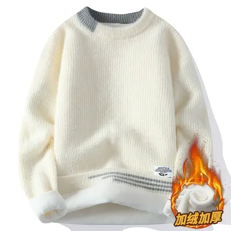 圆领毛衣男秋冬款潮牌软糯假两件长袖打底衫男士加绒厚保暖针织衫商品大图