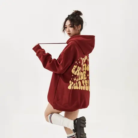 YEP美式复古酒红色连帽复古字母卫衣女春秋情侣装宽松上衣外套商品大图