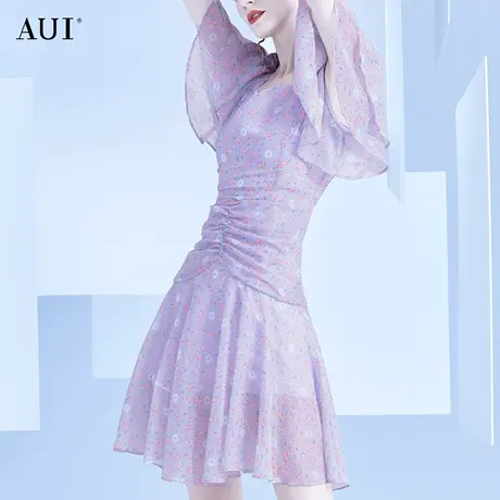 AUI紫色气质鱼尾碎花连衣裙女2023夏新款法式设计感雪纺荷叶边裙图片