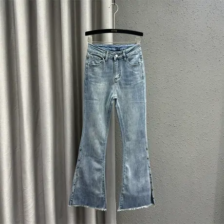 港风铆钉设计感牛仔微喇裤女24春夏新款高腰弹力显瘦休闲开叉长裤图片