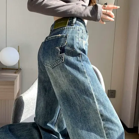 2024年新品春秋季美式牛仔裤女直筒裤宽松裤子女五角星刺绣阔腿裤商品大图