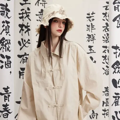 复古设计感纯色衬衫女春季2024新款国潮情侣装新中式宽松国风上衣商品大图