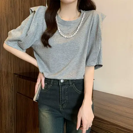 欧货正肩短袖t恤女夏季法式复古小众别致设计感洋气宽松显瘦上衣商品大图