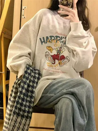 春秋圆领卫衣女2024年新款潮牌复古港味chic宽松薄款上衣外套美式图片